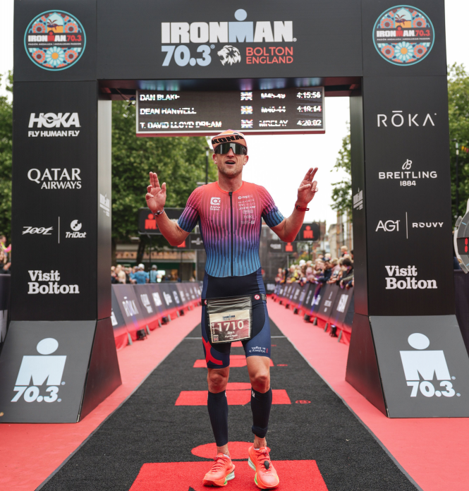 Alpha State one to one coaching leader Dan, celebrating at an Ironman finish line